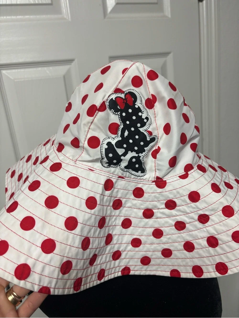 Disney White Sun Hat with Red Polka Dots and Black Minnie Accent